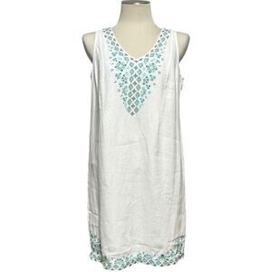 J.Jill Love Linen Sleeveless Embroidered Mini Shift Dress White Blue Green Small